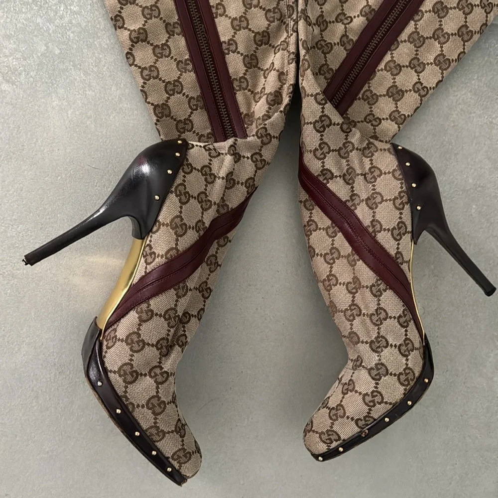 GUCCI GG Canvas TOM FORD โค๏ธ๐ Boots Size 9 **ICONIC OTK Monogram Stiletto Heels - Picture 10 of 15